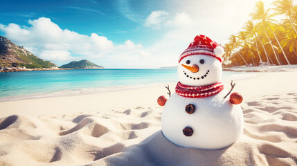Happy Smiling Snowman on Tropical Beach Vacation - obrazy, fototapety, plakaty