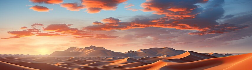 Fototapeta na wymiar A stunning, ultra-wide panoramic photograph of a realm where the desert sings its ancient song. As the sun rises, it bathes the vast landscape in a luminous orange glow, with sand dunes rolling out...