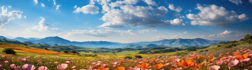 Obraz premium The tranquil meadow, bathed in warm sunlight, bursts into a riot of colors with wildflowers in full bloom. Swaying grasses and the picturesque horizon of rolling hills under a cloud-speckled blue sky 