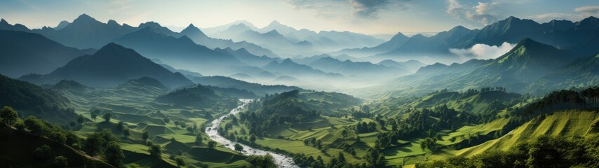 This panoramic masterpiece captures the essence of a mist-shrouded mountain valley, its verdant expanse punctuated by gently flowing stream. - obrazy, fototapety, plakaty