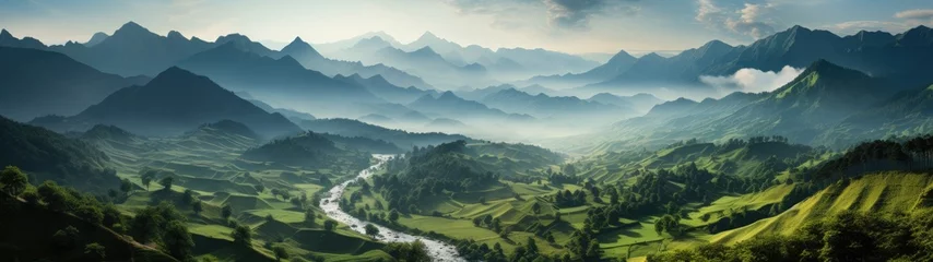 Papier Peint photo Panoramique This panoramic masterpiece captures the essence of a mist-shrouded mountain valley, its verdant expanse punctuated by gently flowing stream.