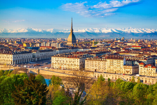 Turin city aerial vew, northern Italy