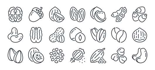 Fototapeta na wymiar Nuts and seeds editable stroke outline icons set isolated on white background flat vector illustration. Pixel perfect. 64 x 64.
