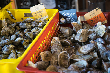 Oysters for sale on market stall, in yellow and red boxes. This seafood is a famous local product...
