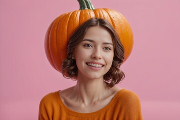 festive thanksgiving celebration with orange pumpkin head woman on pink background