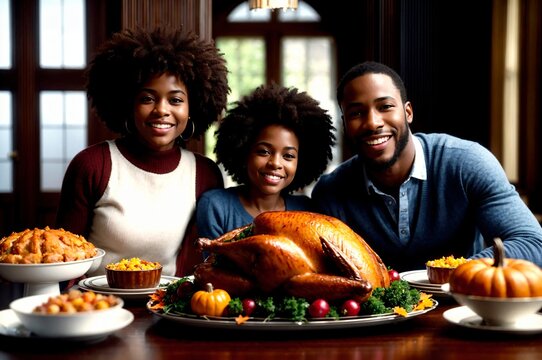 thanksgiving themed photo of family enjoying turkey and various dishes with warm and festive colors