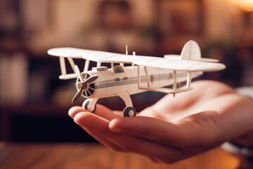 Small white plane toy in the hands of a child. Concept of children, children's games, happy childhood