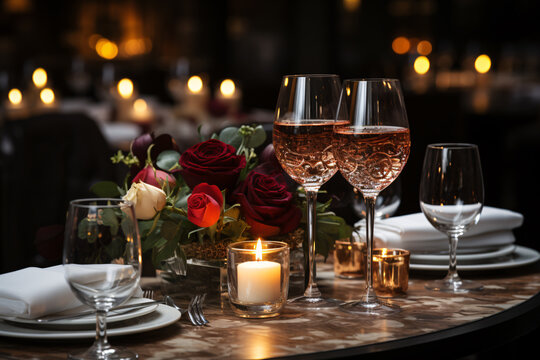 Elegant table setting with candles and flowers in restaurant. Selective focus. Romantic dinner setting with candles and flowers on table in restaurant.
