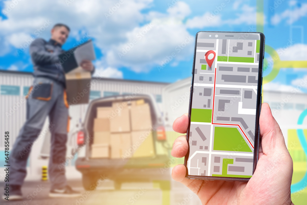 Poster maps in courier phone. smartphone with gps application. courier with boxes near minivan. deliverer u