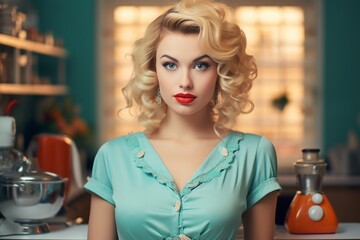 beautiful blonde woman dressed retro in the kitchen