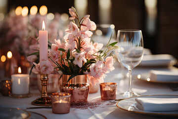 Fototapeta na wymiar Elegant table setting with candles and flowers in restaurant. Selective focus. Romantic dinner setting with candles and flowers on table in restaurant. 