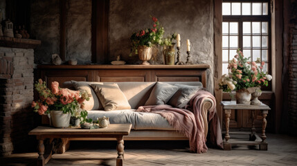 Fototapeta na wymiar Rustic living room interior architecture with rustical cozy sofa, comfortable vintage classic interior living loft