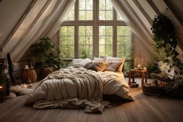 Cozy bedroom in Scandinavian style with plants. - obrazy, fototapety, plakaty