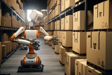 A robotic system transports a box in a storage facility alongside other boxes and equipment. Generative AI