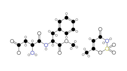 aspartame-acesulfame salt molecule, structural chemical formula, ball-and-stick model, isolated image food additive e962