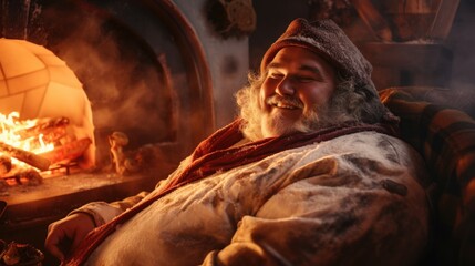 A man sitting in a chair in front of a fire