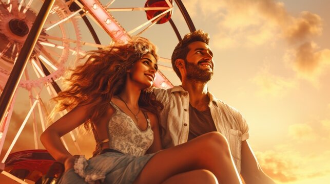 A man and a woman sitting next to a ferris wheel