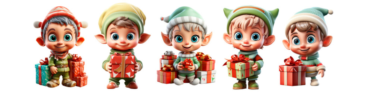 set of 3d illustration of Christmas elf on transparent background. png Christmas elf. surprised elf, happy, smile