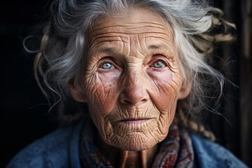 an elderly woman, her face a roadmap of wrinkles telling tales of time passed. She looks directly into the camera, her silver hair pulled back tightly, revealing a pair of deep-set eyes