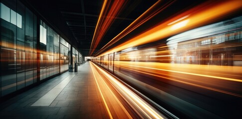 High speed train in motion on the railway station at sunset. Fast moving modern passenger train on railway platform. Railroad with motion blur effect. - obrazy, fototapety, plakaty