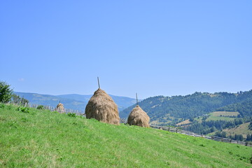 Haystacks at mountain, during summer time