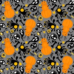 Cartoon doodle Halloween seamless cats and pumpkins snowman and skulls and bones pattern for wrapping paper