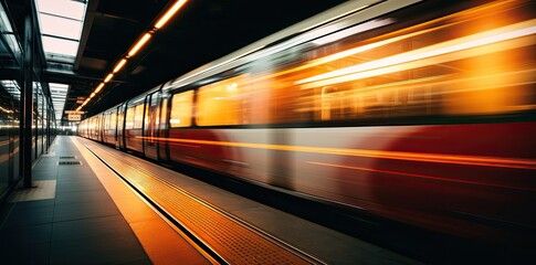 High speed train in motion on the railway station at sunset. Fast moving modern passenger train on railway platform. Railroad with motion blur effect.