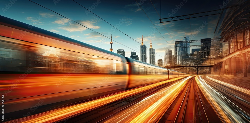 Wall mural High speed train in motion on the railway station at sunset. Fast moving modern passenger train on railway platform. Railroad with motion blur effect.