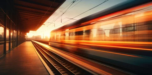 Fotobehang High speed train in motion on the railway station at sunset. Fast moving modern passenger train on railway platform. Railroad with motion blur effect. © Simon