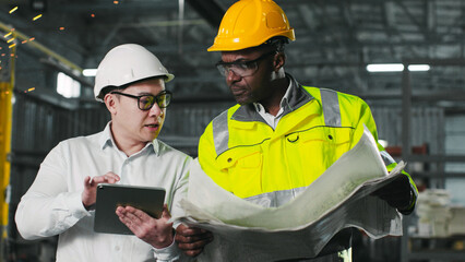 Asian engineer is holding tablet and gesturing. African-American employee in yellow vest and helmet holds blueprint. Two workers surrounded by equipment cooperate at construction site.