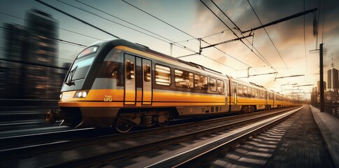 Fototapeta premium High speed train in motion on the railway station at sunset. Fast moving modern passenger train on railway platform. Railroad with motion blur effect.