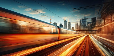 High speed train in motion on the railway station at sunset. Fast moving modern passenger train on railway platform. Railroad with motion blur effect. - obrazy, fototapety, plakaty