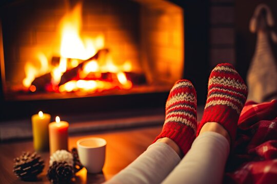 feet with wool socks for Christmas by the fireplace