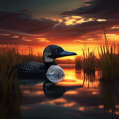 Loon on a tranquil wetland's lake. Edited AI generated image - 647857483