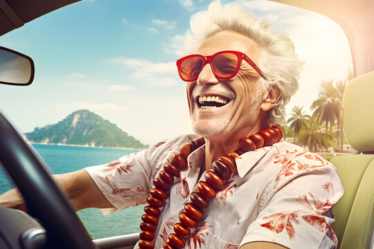 Happy senior man enjoying summer road trip, luxury adventure, wealth and freedom lifestyle