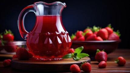 Sweet refreshing berry compote of ripe strawberries served elegantly in a crystal-clear decanter. Autumn red fruit drink. Nearby lie ripe strawberries and sprigs of herbs. In dark colors