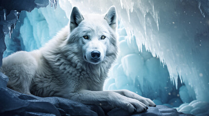 A beautiful white wolf In an ice cave