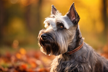 A dog in a park during autumn, schnauzer, wearing a brown collar, and its head is tilted slightly upwards as it looks off to the side, intrigued, cute