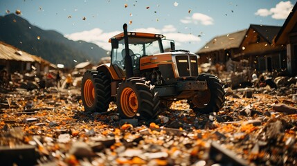 a tractor in a pile of leaves