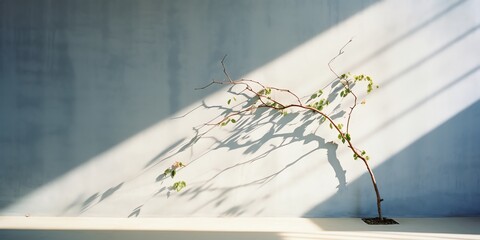 a branch with leaves on a white wall