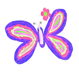 Cute colored butterfly with flower in naive childrens drawing style isolated on white. Hand drawn illustration with marker pens texture.