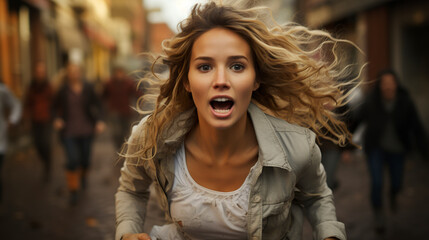 A blonde woman running at full speed, with an expression of astonishment on her face. Woman with mouth open in surprise as if running away from someone. - obrazy, fototapety, plakaty
