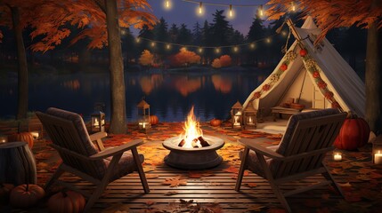 a fire pit with chairs and a tent on a deck - obrazy, fototapety, plakaty