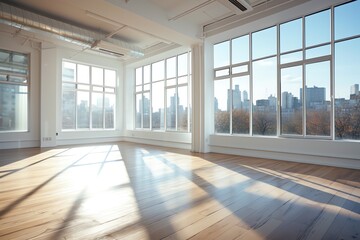 a large room with large windows and a city view