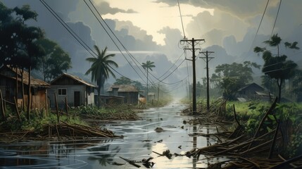 Flooded village with a damaged car, damaged houses, rubble and mud on the street. - obrazy, fototapety, plakaty
