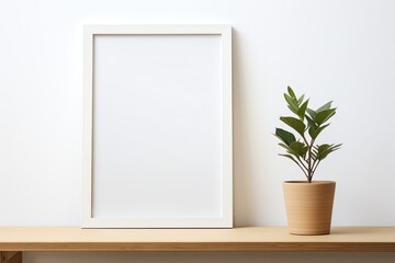 a white frame on a shelf next to a plant