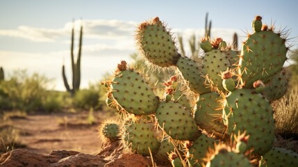Opuntia cactus close-up in the desert against the background of the desert and sky. USA