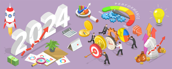 3D Isometric Flat Vector Conceptual Illustration of Effective Team Strategy For New 2024 Year, Teamwork And Brainstorming