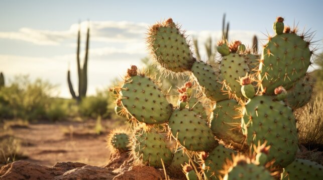 Opuntia cactus close-up in the desert against the background of the desert and sky. USA - Powered by Adobe