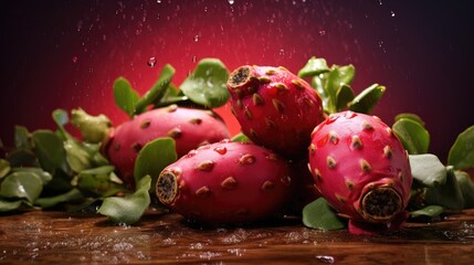 Fruit Prickly Pear. Whole red fruits on green background of leaves and drops. Macro. Exotic sweet fruit of Opuntia cactus. Vegan eco dessert. Supermarket, advertising, restaurant, menu, design, blog. - obrazy, fototapety, plakaty